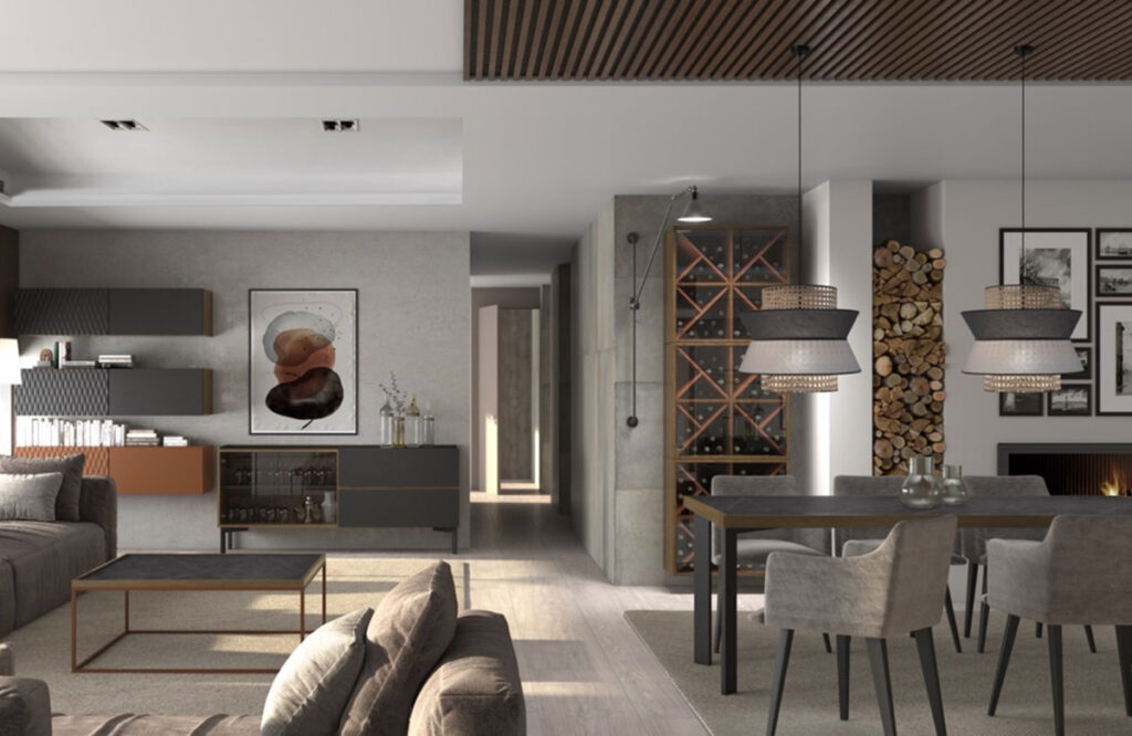 Mesa rectangular Kiaré de 200x100 cm con tapa marmolizada y chapa de roble.