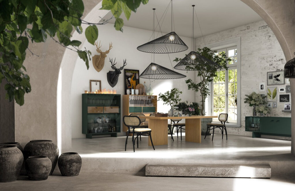 Muebles de salón con vitrinas botellero de chapa de roble natural, combinado con roble lacado.