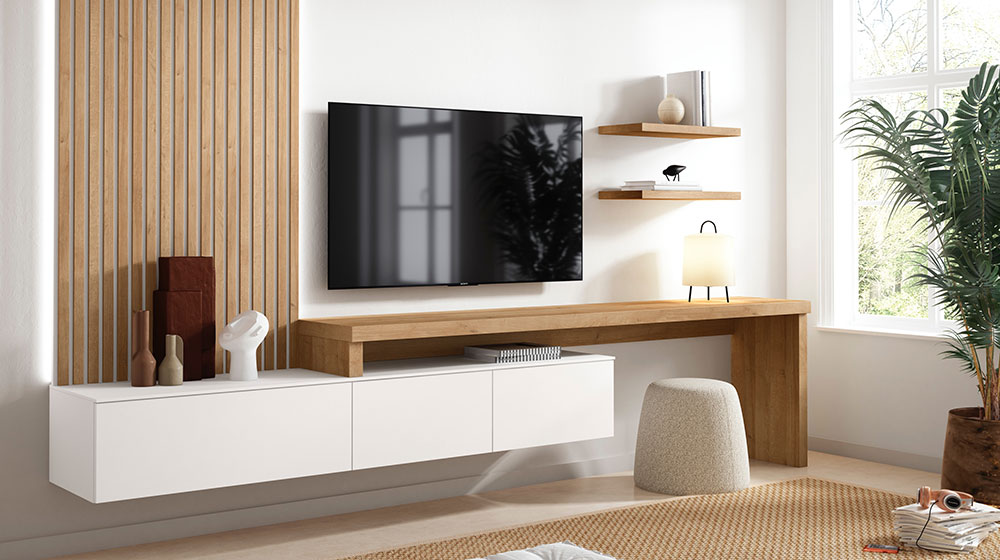 Muebles suspendidos para limpiar fácilmente los pelos de las mascotas.