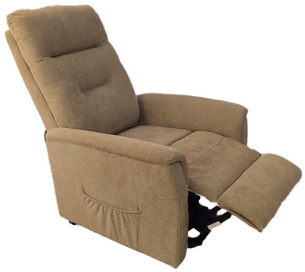 Sillón relax tapizado con tela flocada, beige con el reposapies extendido.