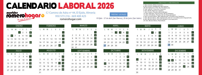 Calendario laboral 2025 muebles Romerohogar