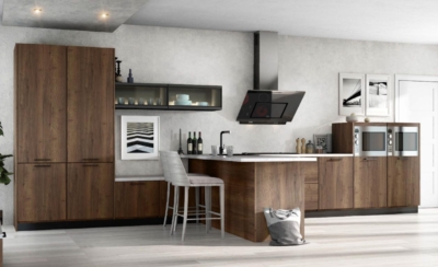 Cocina laminada con encimera porcelánica y península transversal. Cocina Halifax tabaco