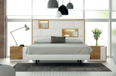 Composición que juega con espacios, formas y texturas para crear un dormitorio único y personal. Dormitorio Madrid II